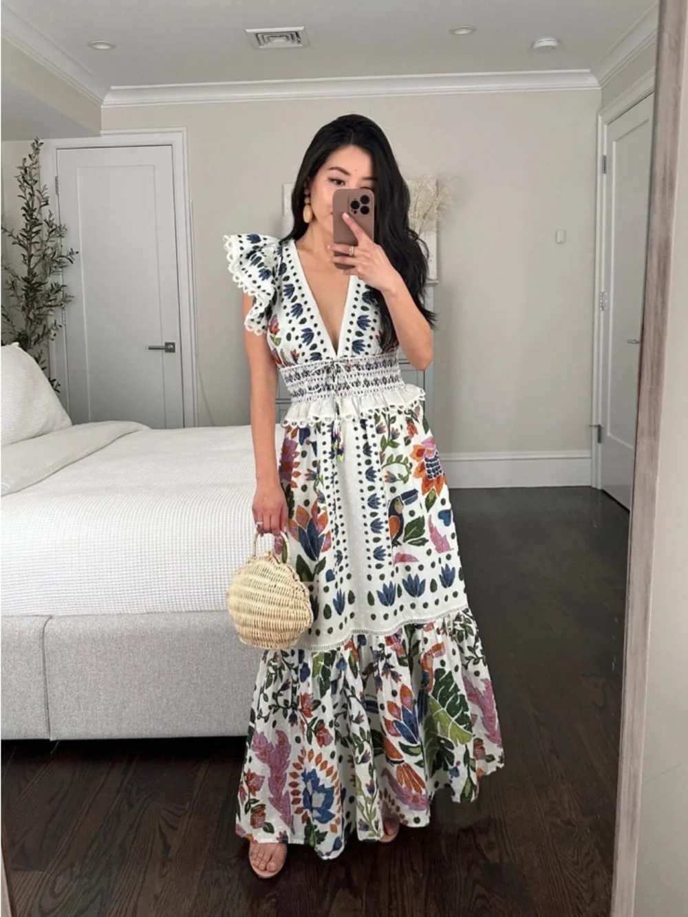 NEW Viral Camila Summer Garden Party Floral Maxi Dress Cotton Scallop Smocked